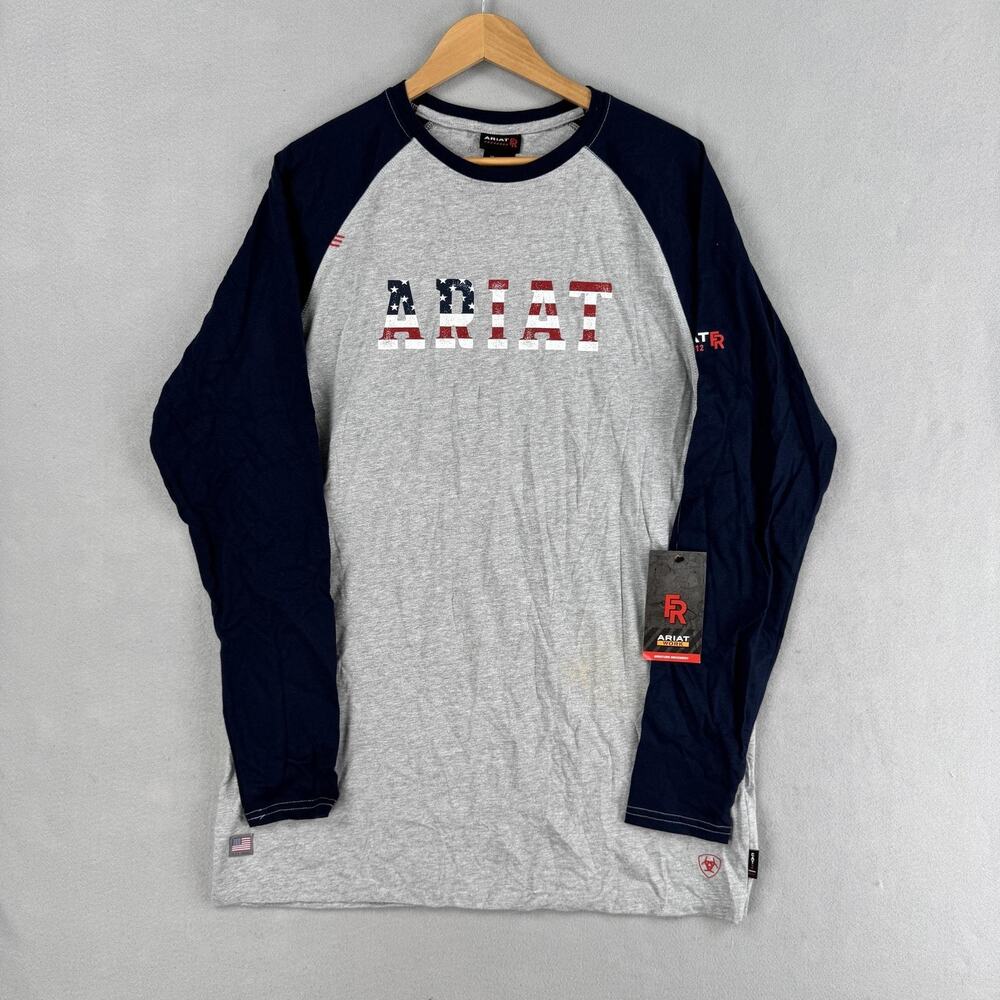 Ariat FR Shirt Mens XLT Gray Long Sleeve USA Flag Logo Workwear NWT Patriotic